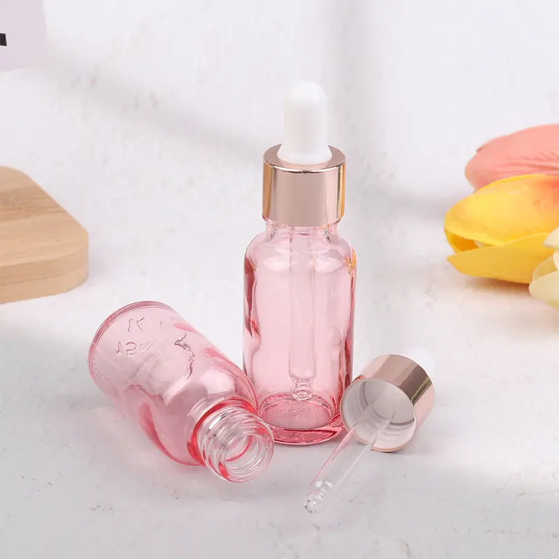 Dropper Bottles Refillable 5-100ML Rose Lid Cosmetic Container Pink Glass Aromatherapy Liquid for Essential Massage Oil Pipette