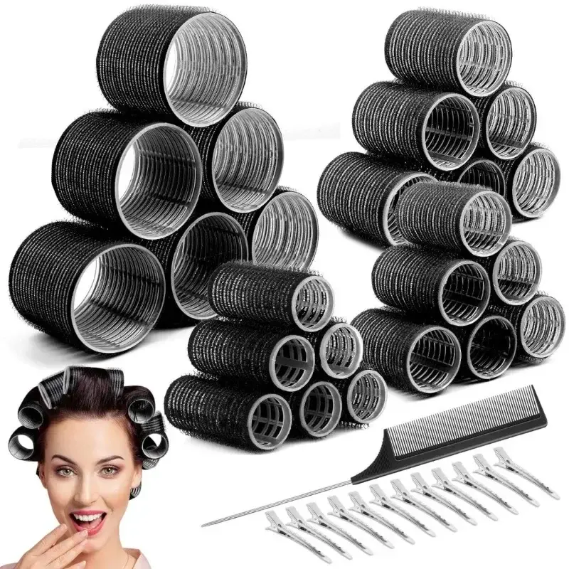 13pcs Black Self Grip Hair Rollers No Heat Hair Curlers Heatless Curls Hair Bangs Volume Self-adhesive Hook DIY Styling Tools