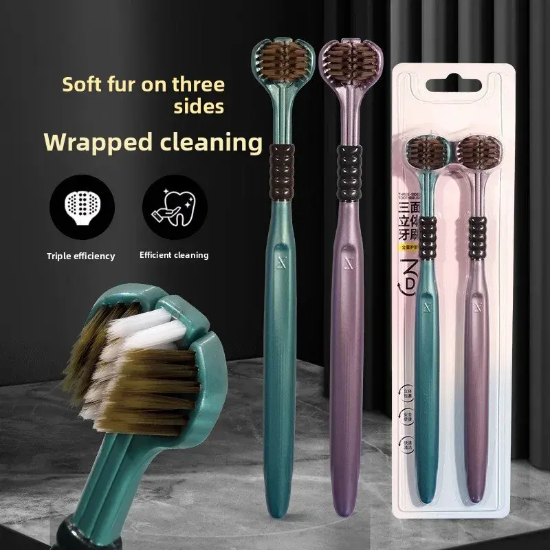2pcs/set Adult Toothbrushes Soft PBT Bristles Rounded Tips Triple - sided Wrapping Tongue Cleaning Ergonomic Handles Wholesale
