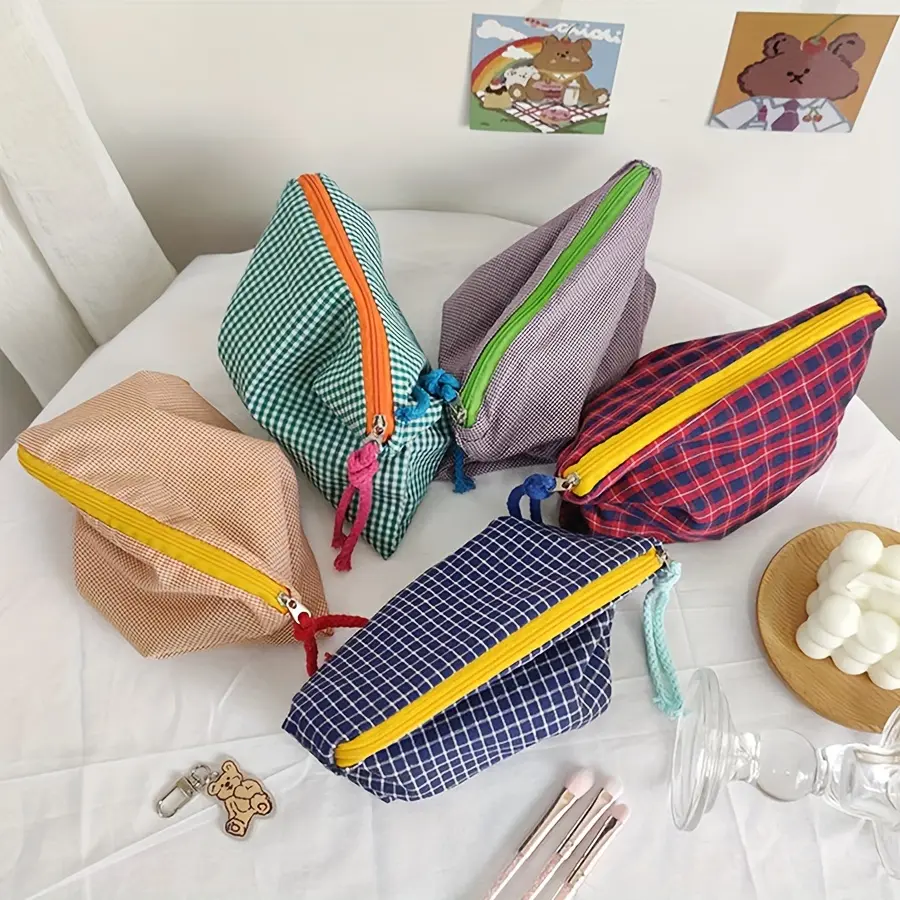 New Women Plaid Makeup Bag Large Capacity Cotton Zipper Pouch Purse Travel Clutch Makeup Bag Cosmetic Zipper Necessarie Feminina