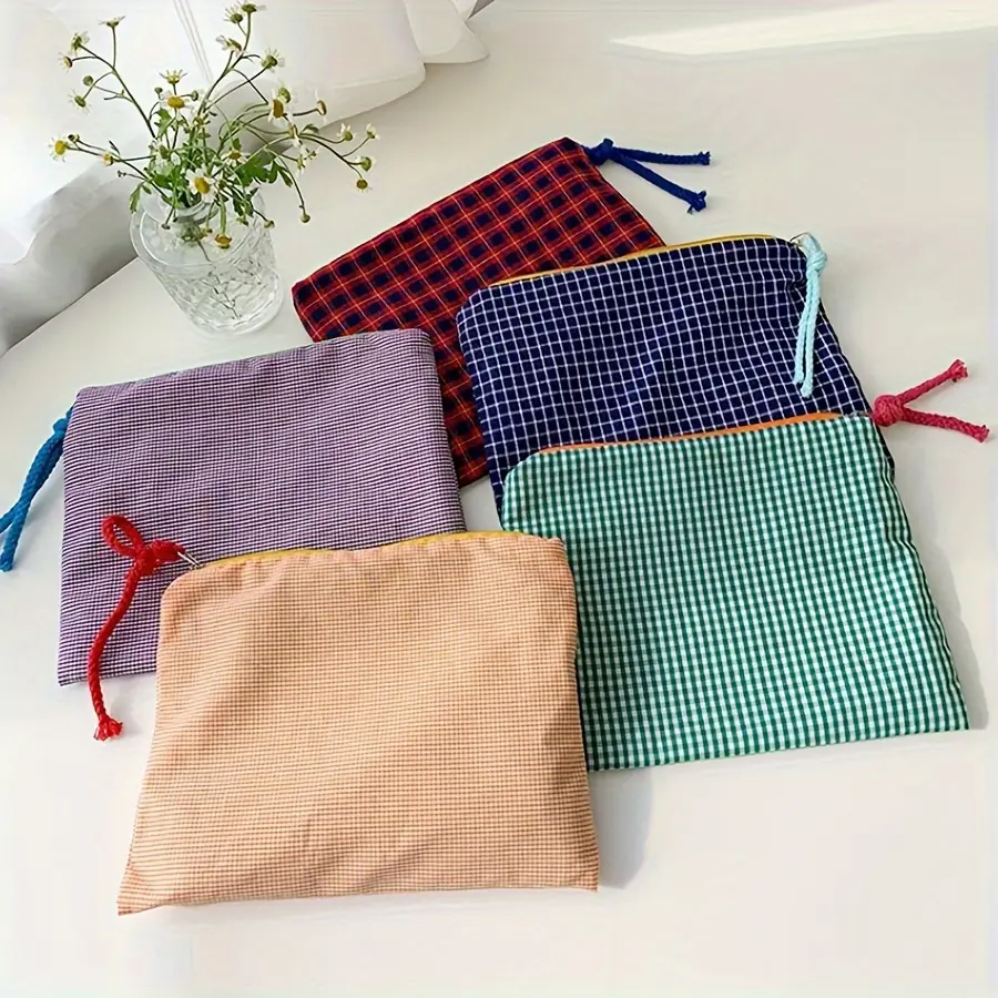 New Women Plaid Makeup Bag Large Capacity Cotton Zipper Pouch Purse Travel Clutch Makeup Bag Cosmetic Zipper Necessarie Feminina
