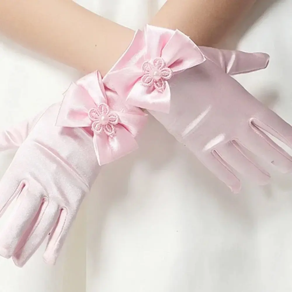 Sweet Satin Flower Child Gloves White Gloves for Kids Children Girls Wedding Gloves with Bow Kids Fashion Children's Mittens