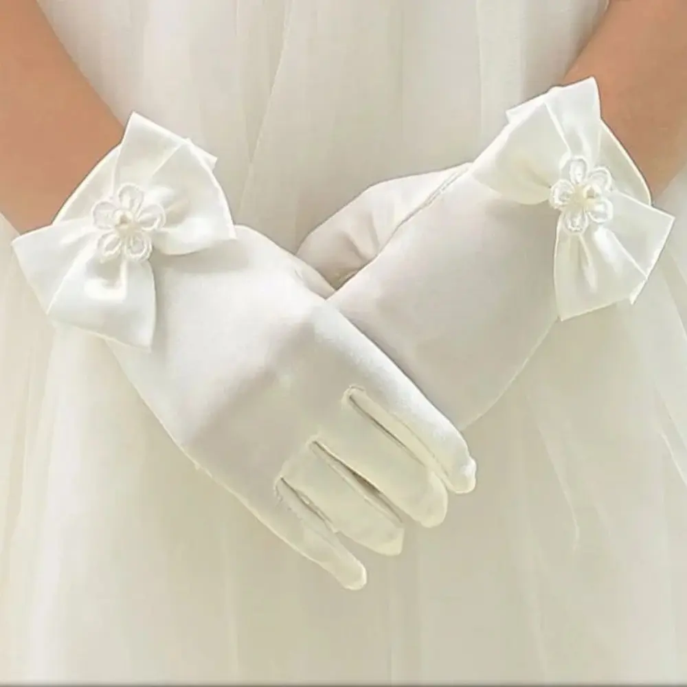 Sweet Satin Flower Child Gloves White Gloves for Kids Children Girls Wedding Gloves with Bow Kids Fashion Children's Mittens