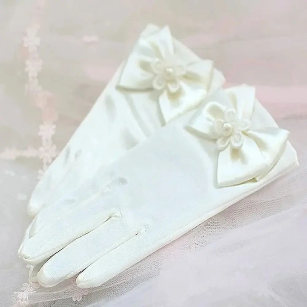 Sweet Satin Flower Child Gloves White Gloves for Kids Children Girls Wedding Gloves with Bow Kids Fashion Children's Mittens