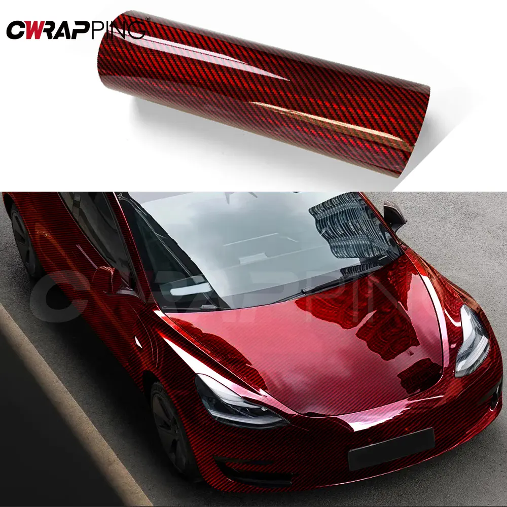 Carbon Fiber Laser Red Car Stickers Glossy Holographic Vinyl Wrap Films Air Release Bubble Free Auto Body Decal Car Accessories