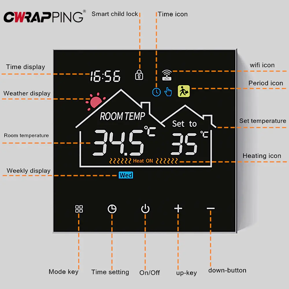Smart WiFi Thermostat with Backlight Child Lock for Water Floor Heating Dual Power Home Office Intelligent Temp Control System