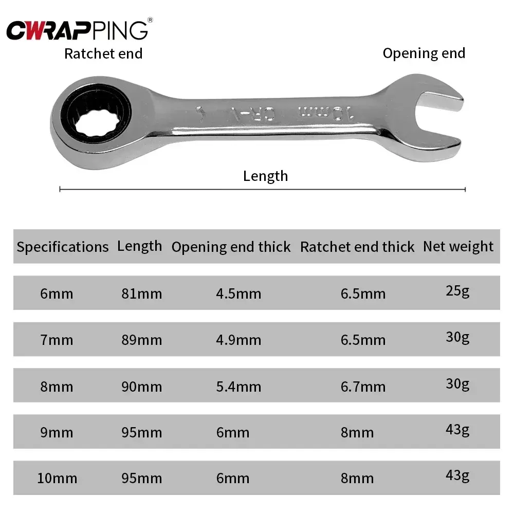 Key Wrench Set 6-10mm Reversible Ratchet Combination Spanner Set 72 Tooth Ratchet Socket Spanner for Bicycle Car Repair Tools