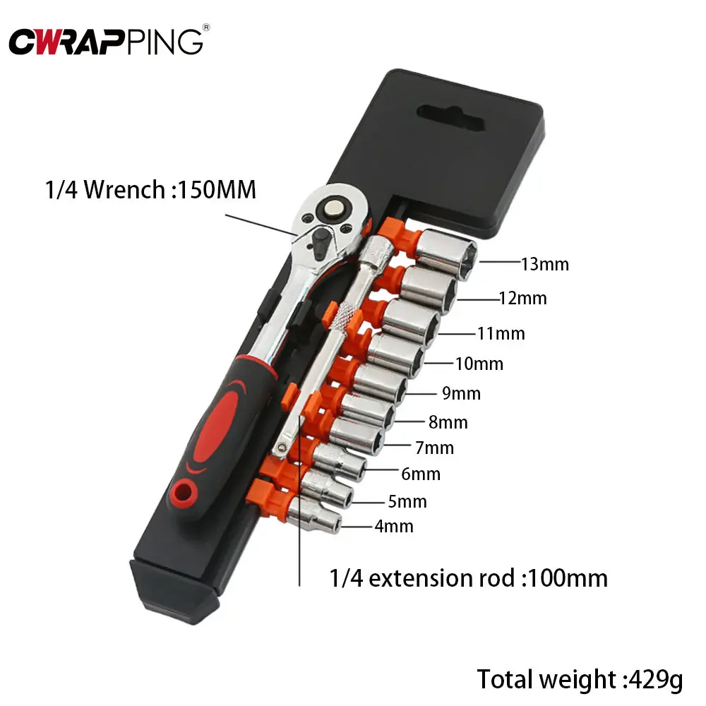 12Pcs 1/4 Inch Ratchet Socket Wrench Set Multi-function Spanner Bicycle Motorcycle Car Repairing Tool Set for Car Accessories