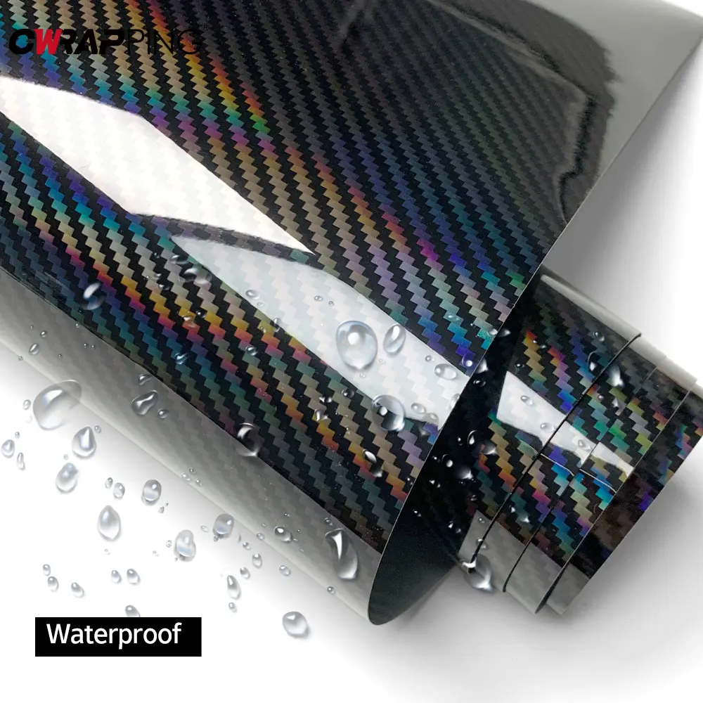 Car Adhesive Vinyl Glossy Laser Carbon Fiber Stickers Self-Adhesive Bubble Free Car Wrapping Cover Air Release Foil 150-500cm