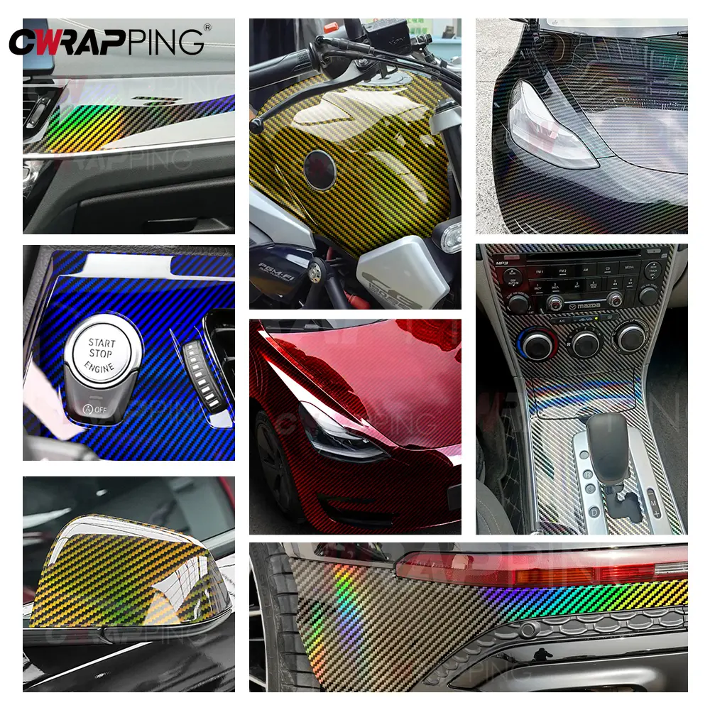 Car Adhesive Vinyl Glossy Laser Carbon Fiber Stickers Self-Adhesive Bubble Free Car Wrapping Cover Air Release Foil 150-500cm