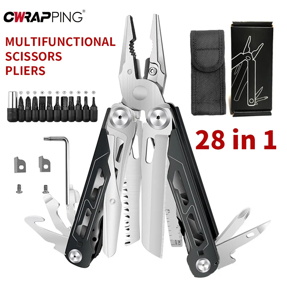 28 in 1 Camping Multitool Foldable Stainless Steel Plier Wire Stripper Mini Portable Knife Scissors for Car Outdoor Hiking