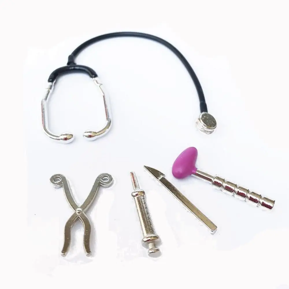 1/6 1/12 Scale Dollhouse Stethoscope Set Doctor Nurse Doll Accessories Miniature Medical Appliances Kids Toy Alloy