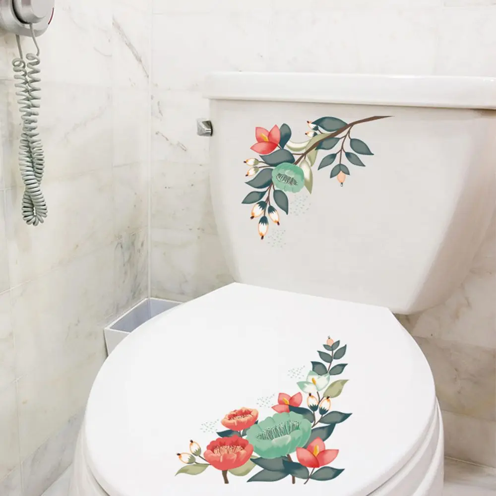 Floral Toilet Stickers Gorgeous Flower Decals Wall Mural Bathroom Ornament Home Decoration Creative Design Removable PVC Gift