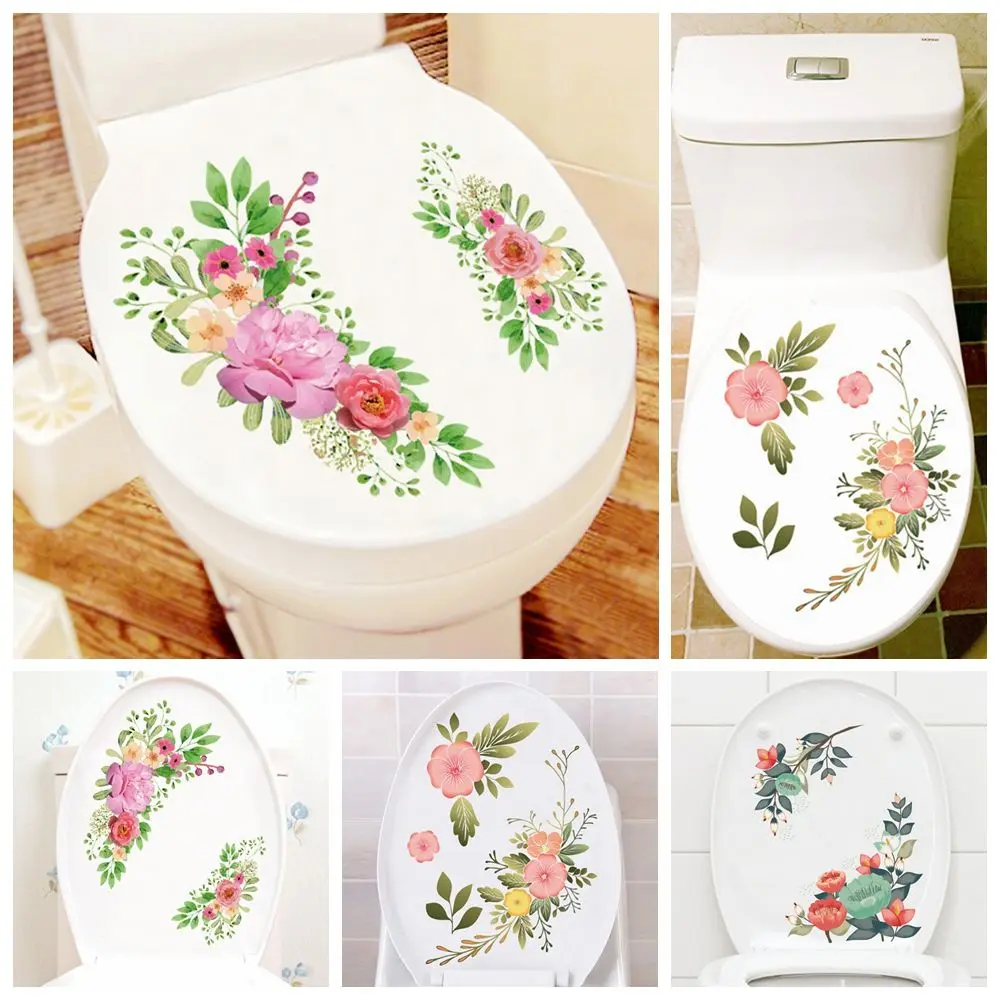 Floral Toilet Stickers Gorgeous Flower Decals Wall Mural Bathroom Ornament Home Decoration Creative Design Removable PVC Gift