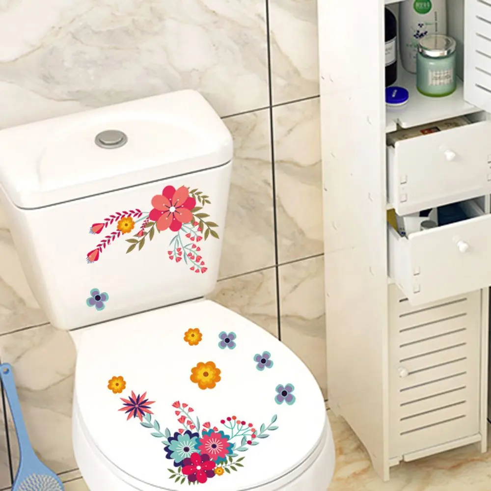 Floral Toilet Stickers Gorgeous Flower Decals Wall Mural Bathroom Ornament Home Decoration Creative Design Removable PVC Gift