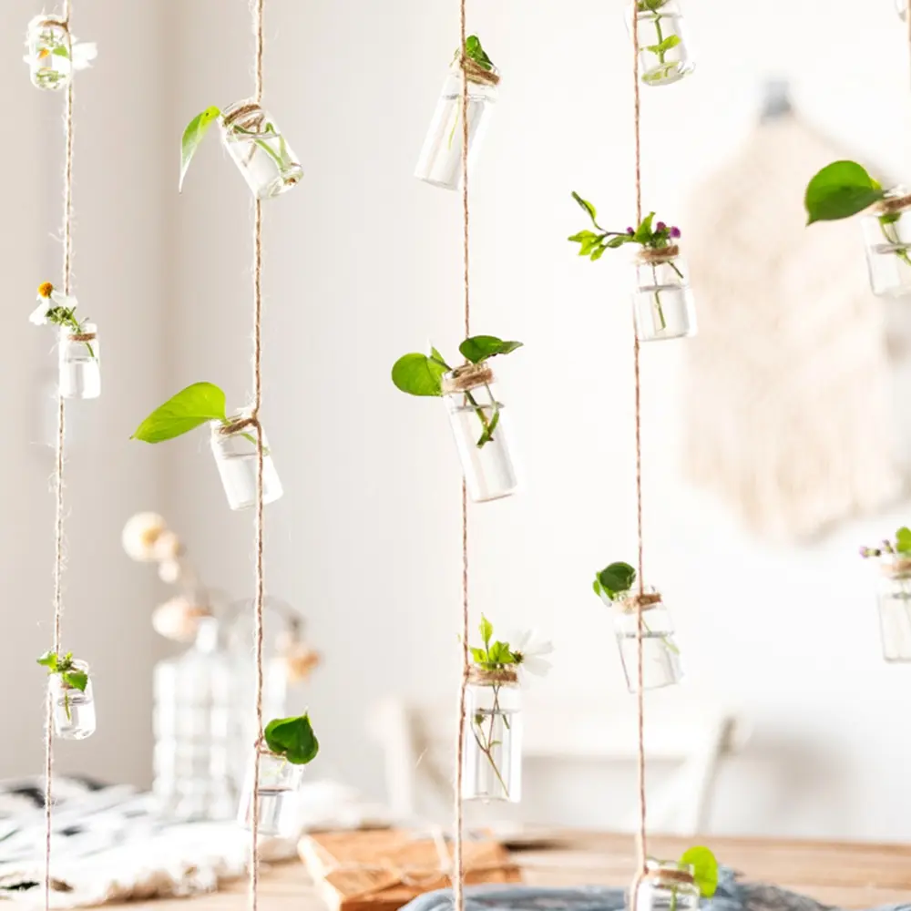 Decor Glass Vase 1 Strings Hanging Vase With 8 Mini Bottle Wind Chimes Style Nordic Home Decor Flower Plant Hydroponic Containe