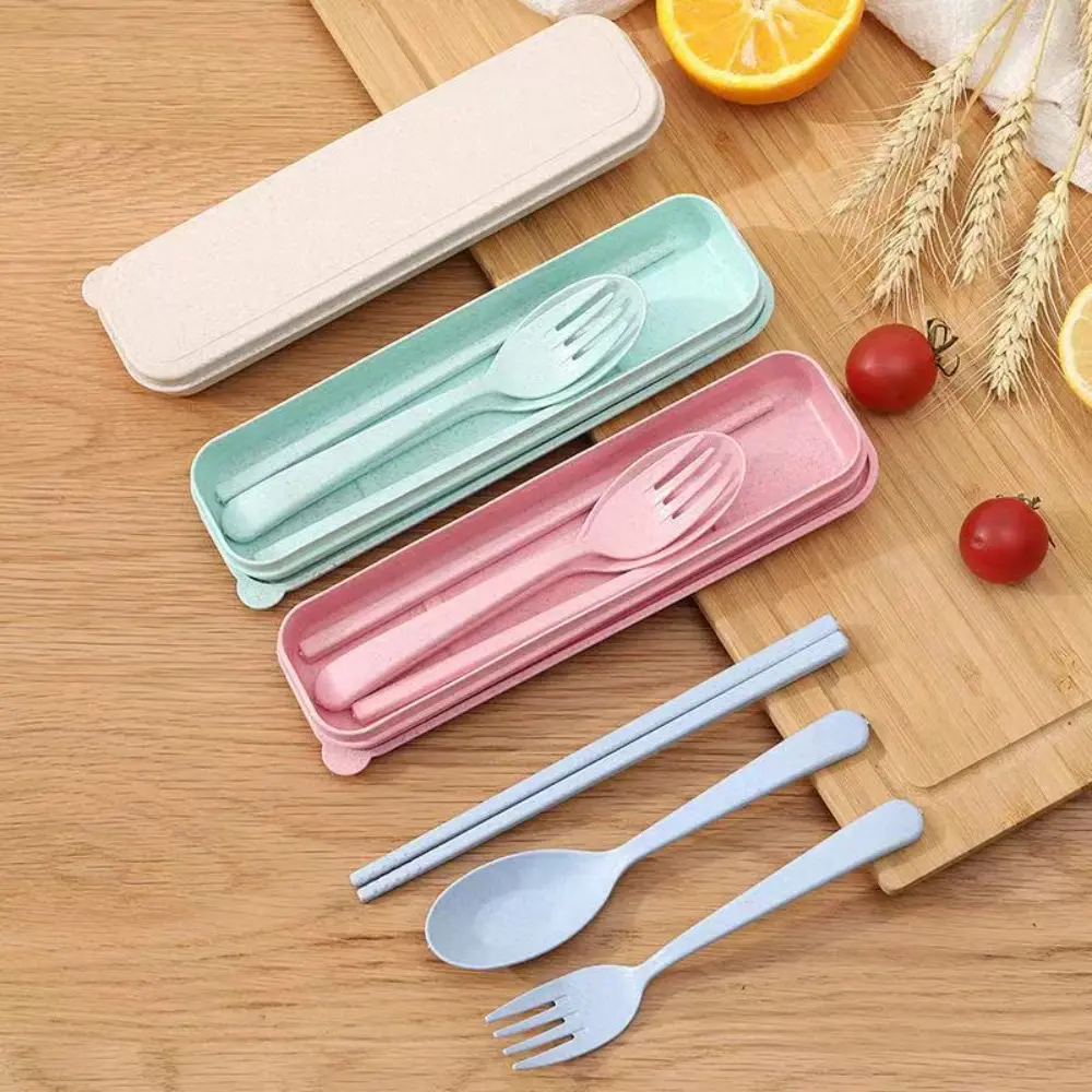 New Plastic Cutlery Set Simplicity With Storage Box Fork And Chopsticks Set Portable Wheat Straw Tableware