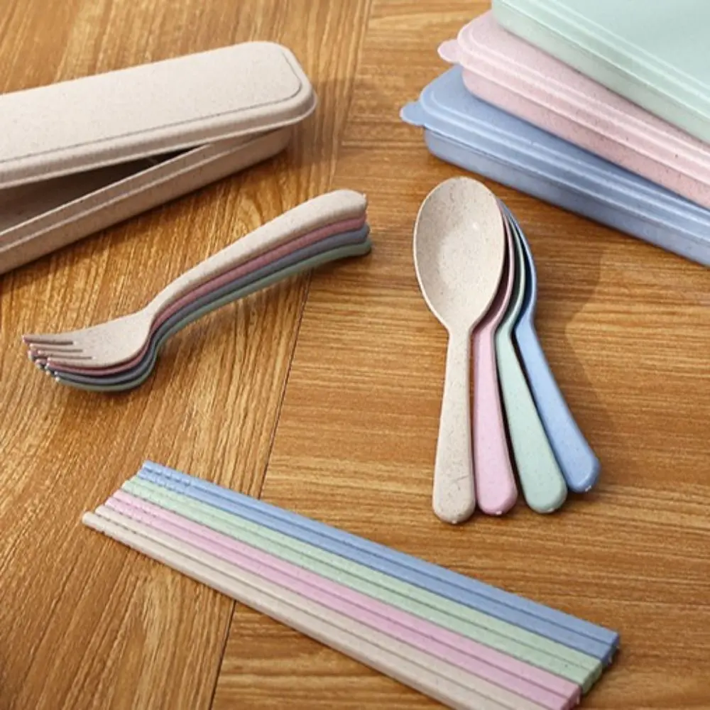 New Plastic Cutlery Set Simplicity With Storage Box Fork And Chopsticks Set Portable Wheat Straw Tableware