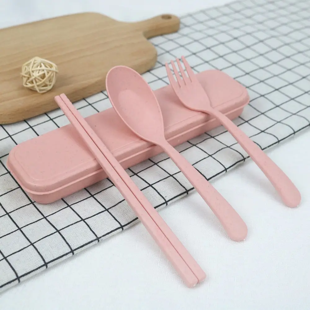 New Plastic Cutlery Set Simplicity With Storage Box Fork And Chopsticks Set Portable Wheat Straw Tableware