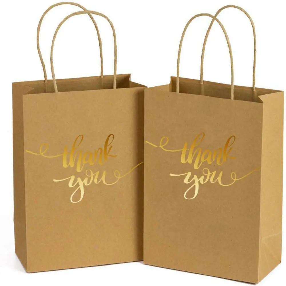Paper Gift Bags Foil Thank You Print Brown Paper Bags with Handle for Xmas Party
