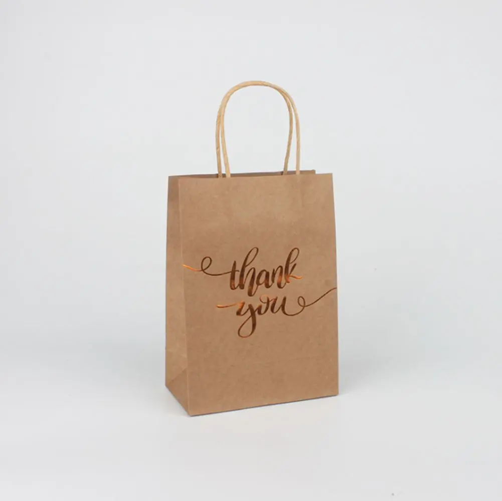Paper Gift Bags Foil Thank You Print Brown Paper Bags with Handle for Xmas Party