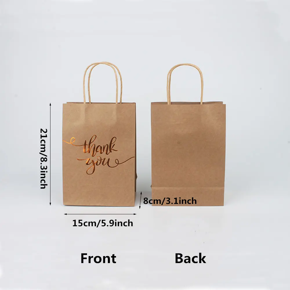 Paper Gift Bags Foil Thank You Print Brown Paper Bags with Handle for Xmas Party