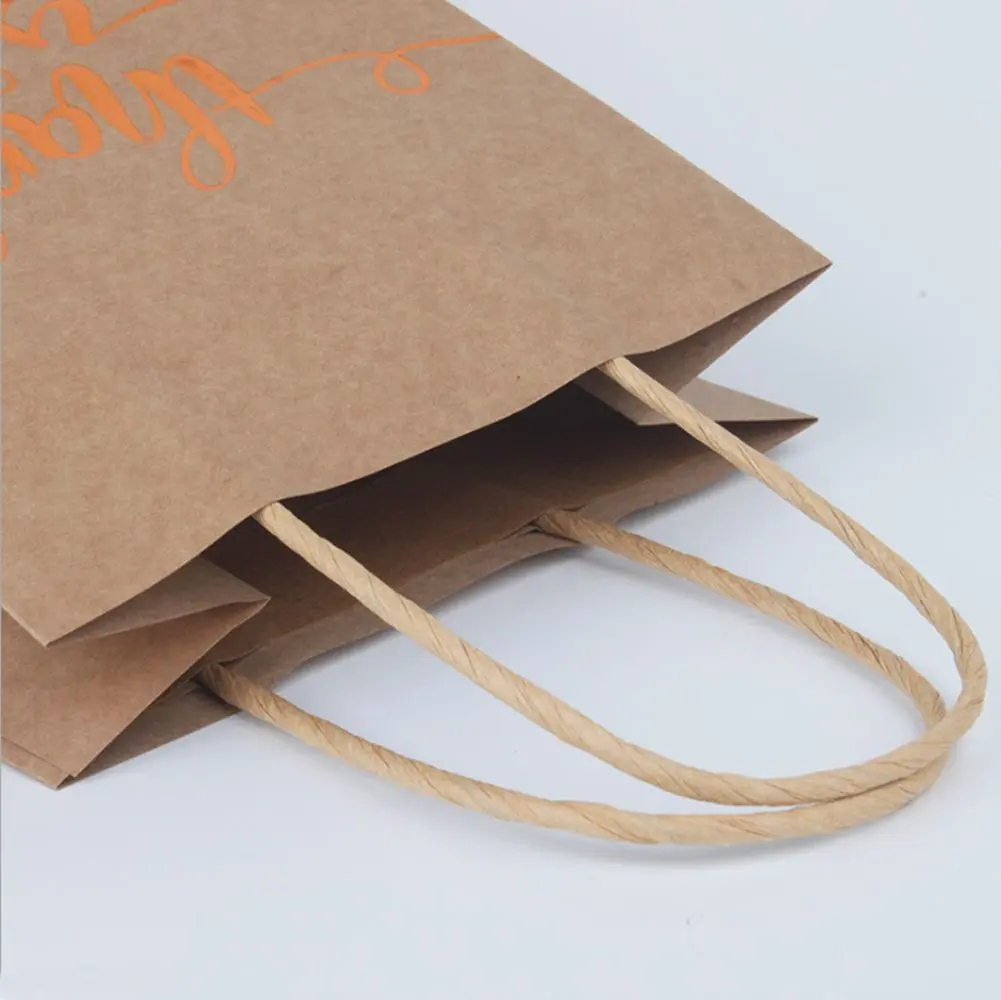 Paper Gift Bags Foil Thank You Print Brown Paper Bags with Handle for Xmas Party