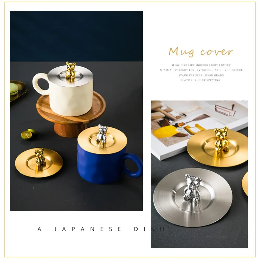 Reusable Thickened Bear Glass Cup Lid Stainless Steel Mug Cup Lid Water Cup Dustproof Leakproof Tea Coffee Cover Universal