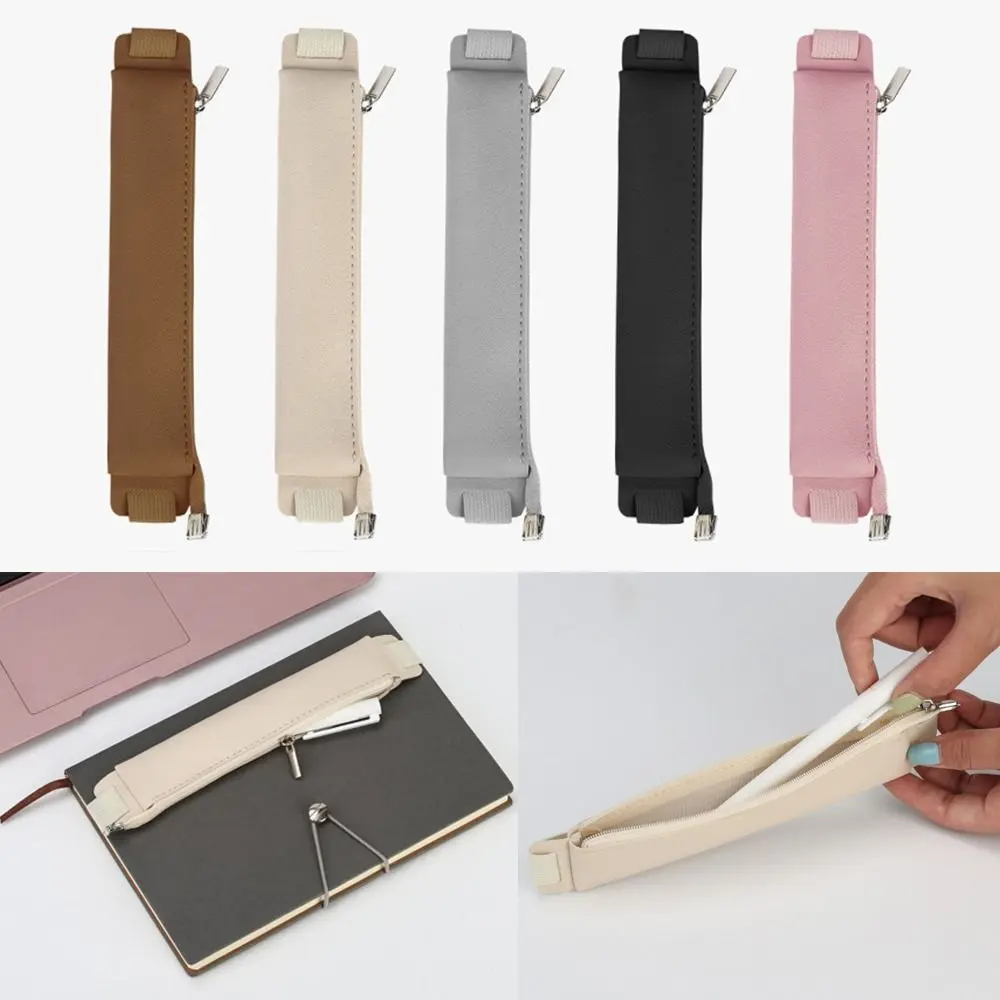 Vintage Pu Leather Pencil Case Book Notebook Rubber Band Pen Clip Portable Office Meeting Laptop Pen Holder