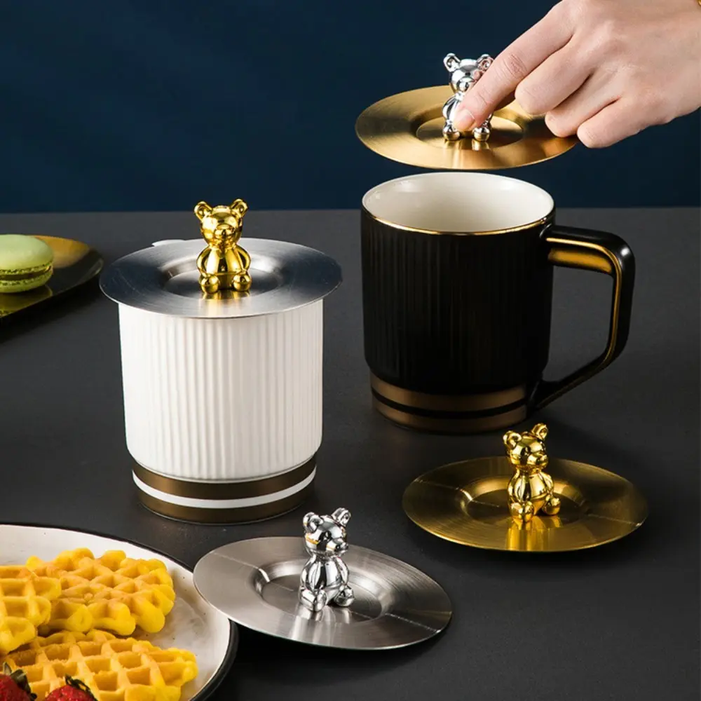 Reusable Thickened Bear Glass Cup Lid Stainless Steel Mug Cup Lid Water Cup Dustproof Leakproof Tea Coffee Cover Universal