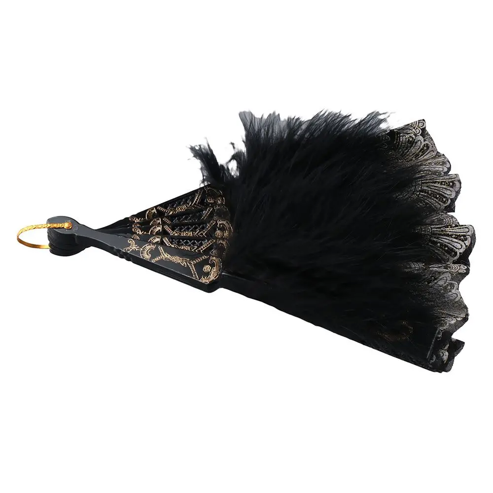 Black Gold Edge Feather Fan,Vintage Style Folding Fan,Embroidered Folding Handheld Fan for Wedding Costume Dancing Gifts