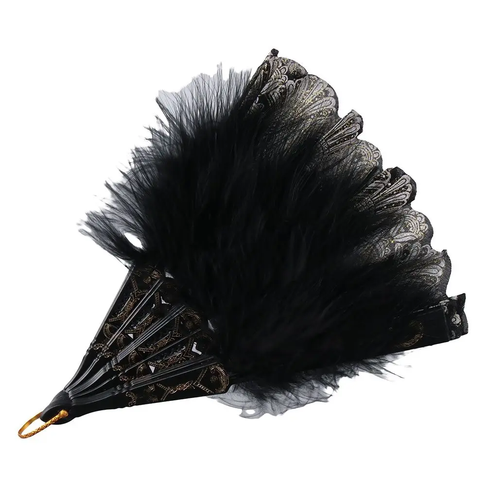 Black Gold Edge Feather Fan,Vintage Style Folding Fan,Embroidered Folding Handheld Fan for Wedding Costume Dancing Gifts