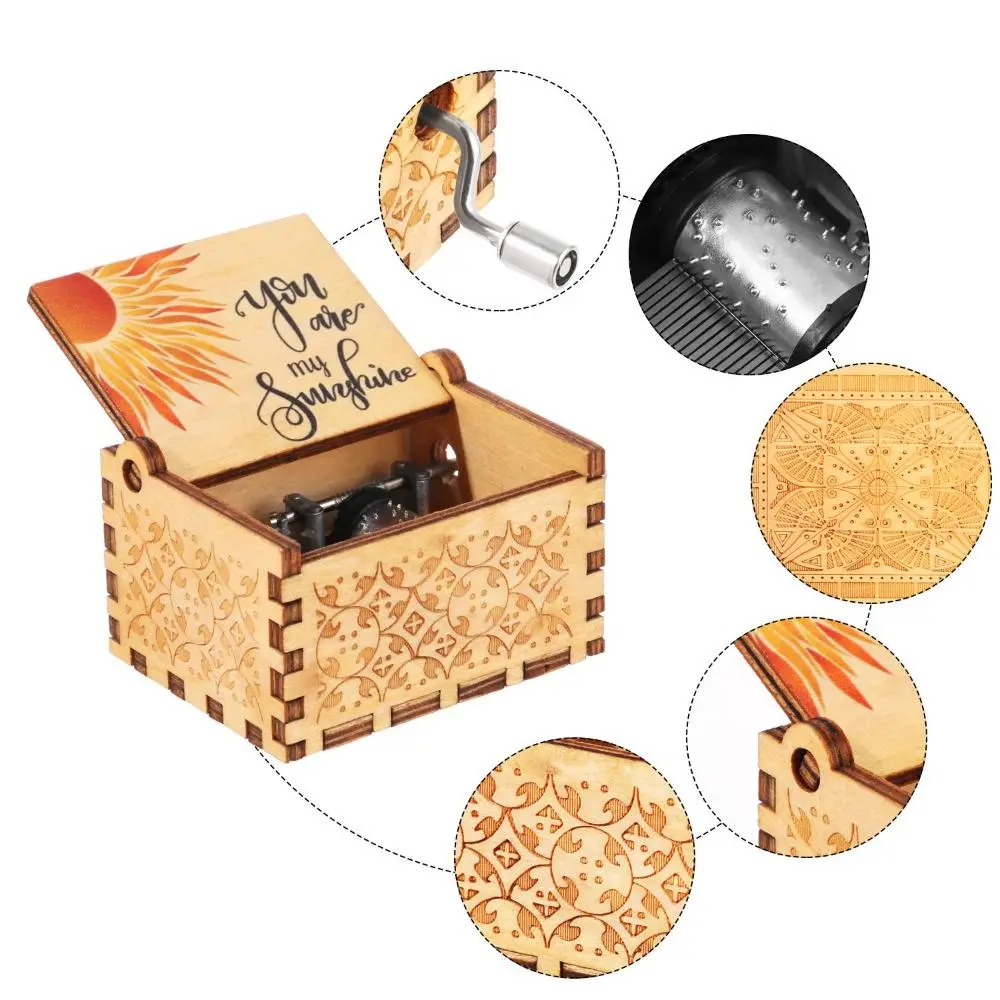 You are My Sunshine Engraved Hand-Cranked Wooden Musical Box Suitable Gifts for Birthday Christmas Valentine's Day Thanksgiving