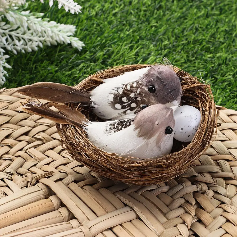 Realistic Feathered Birds with Nest & Birds Egg Artificial Craft Birds for Garden Parties Lawn Decor Home Car Ornament