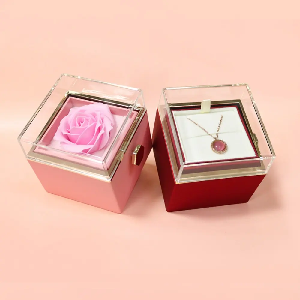 Rose Flower Rotating Jewelry Box Case Valentines Day Wedding Party Gift Box