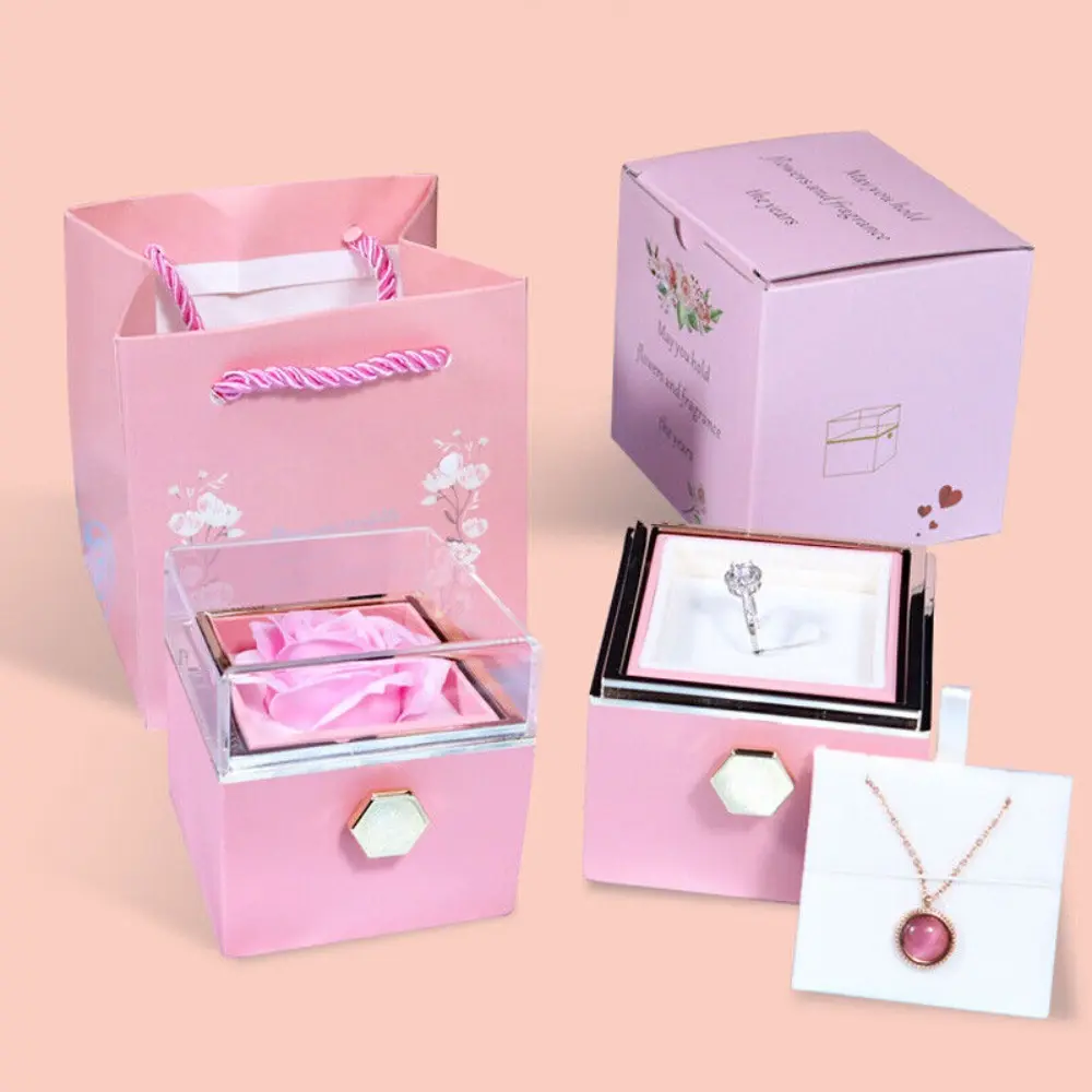 Rose Flower Rotating Jewelry Box Case Valentines Day Wedding Party Gift Box
