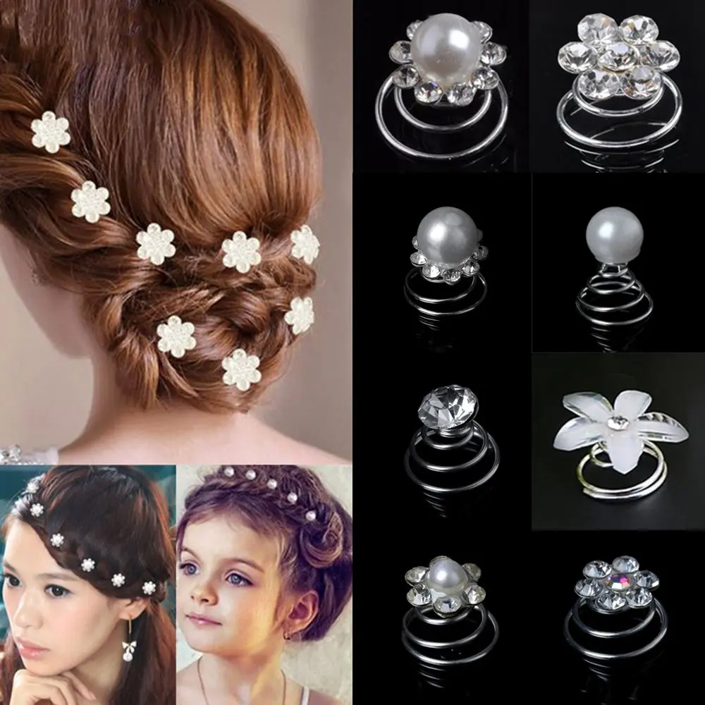 12pcs Bridal Crystal Pearl Flower Spiral Twist Hair Pins Clips Wedding Jewelry Bride Headdress Women Hair Accessories