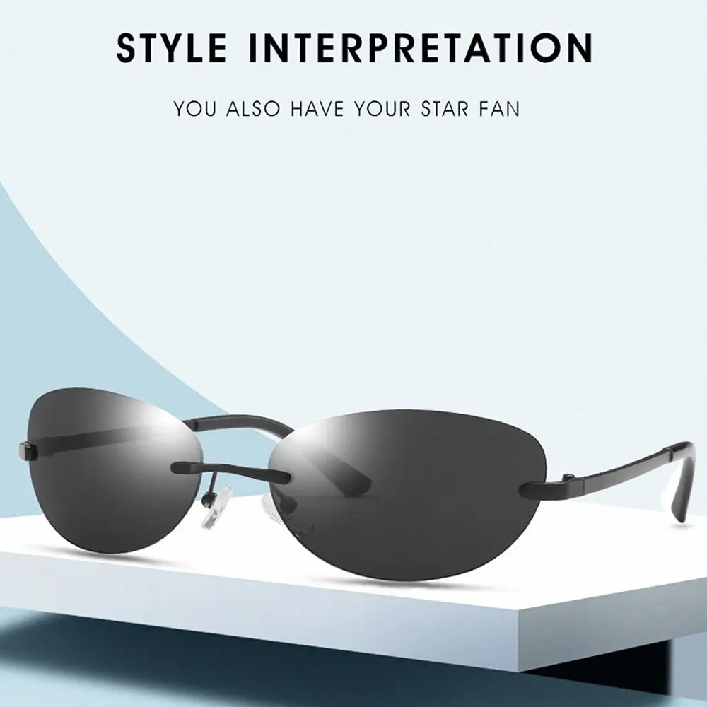 Trendy Oval Rimless Sunglasses Y2K UV400 2000's Sun Glasses Wrap Around Gradient Shades for Women & Men