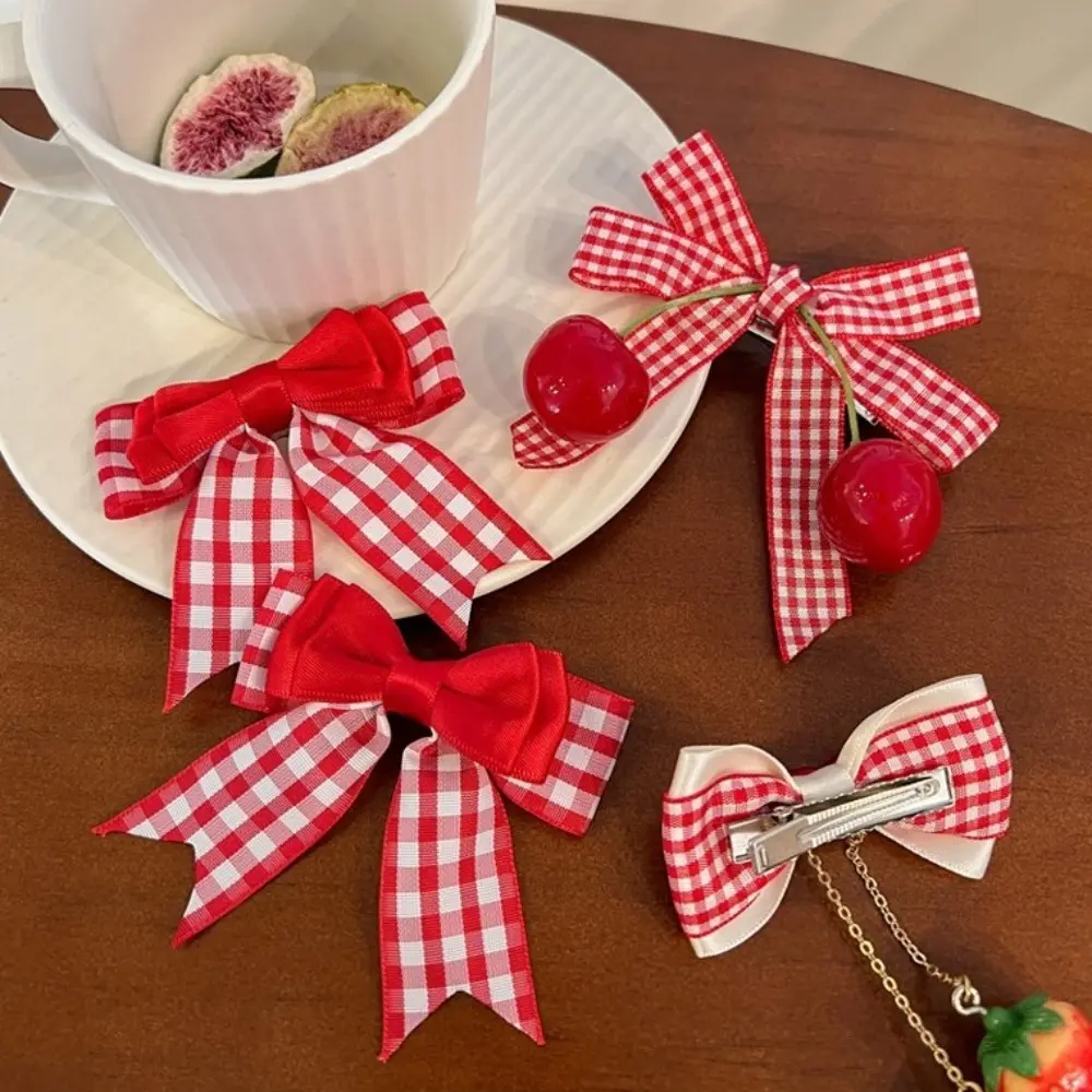 1pair Red Cherry Cloth Bow Girls Hair Clip Plaid Lace Bow Ribbon Strawberry Cherry Hairpin Kawaii Side Bangs Clip Barrettes