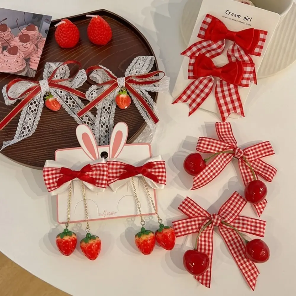1pair Red Cherry Cloth Bow Girls Hair Clip Plaid Lace Bow Ribbon Strawberry Cherry Hairpin Kawaii Side Bangs Clip Barrettes