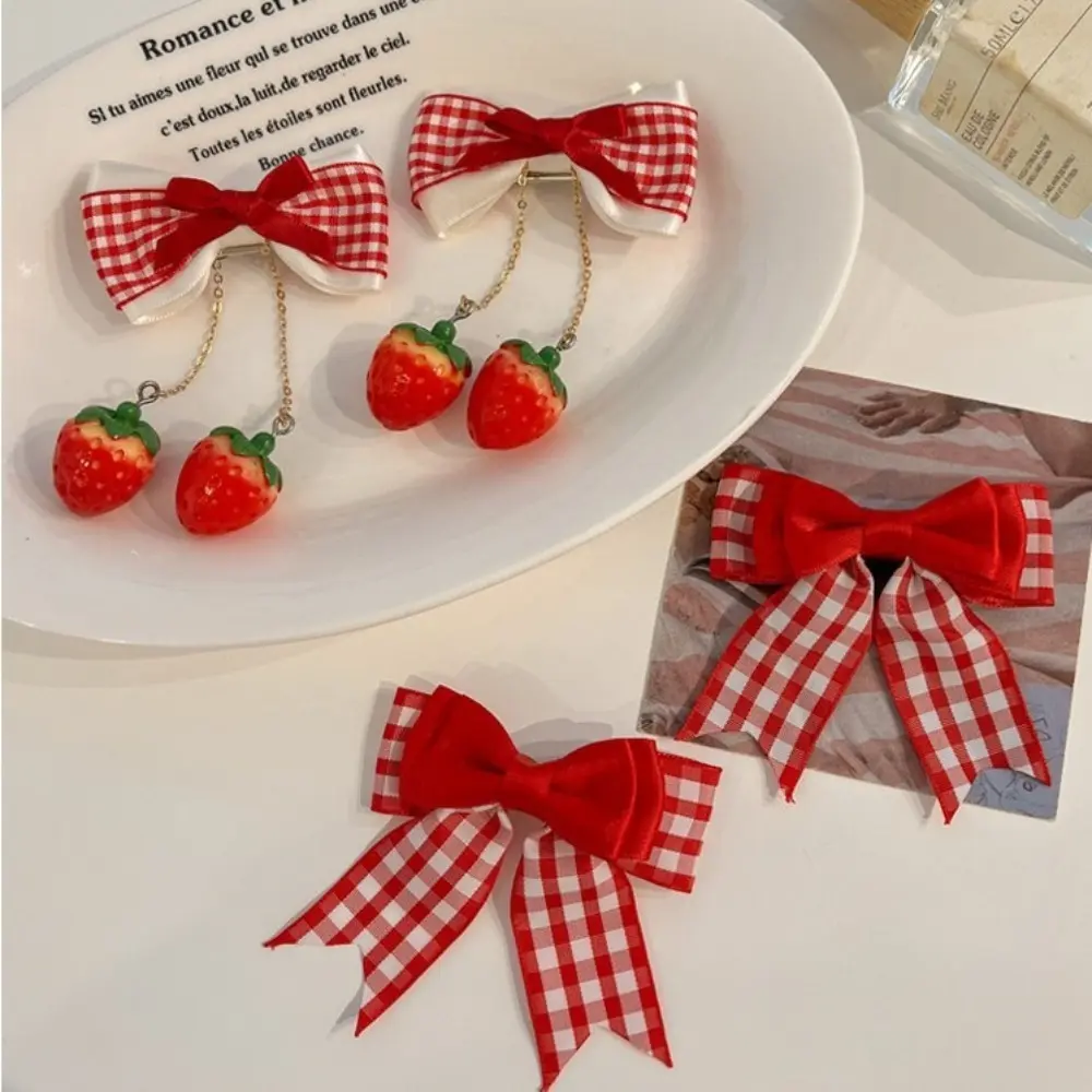 1pair Red Cherry Cloth Bow Girls Hair Clip Plaid Lace Bow Ribbon Strawberry Cherry Hairpin Kawaii Side Bangs Clip Barrettes
