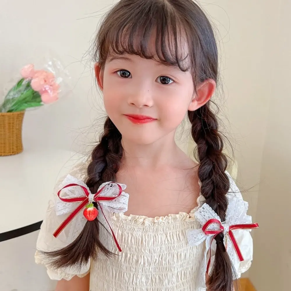 1pair Red Cherry Cloth Bow Girls Hair Clip Plaid Lace Bow Ribbon Strawberry Cherry Hairpin Kawaii Side Bangs Clip Barrettes