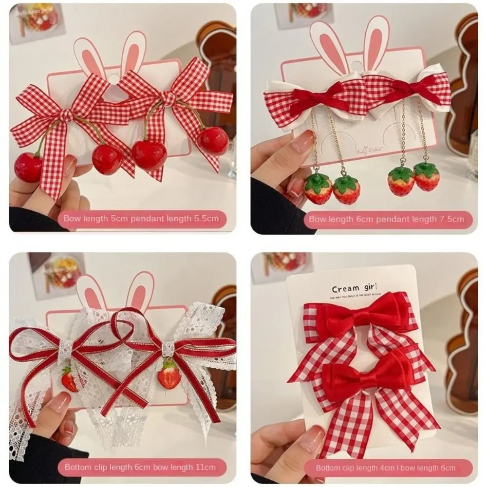 1pair Red Cherry Cloth Bow Girls Hair Clip Plaid Lace Bow Ribbon Strawberry Cherry Hairpin Kawaii Side Bangs Clip Barrettes