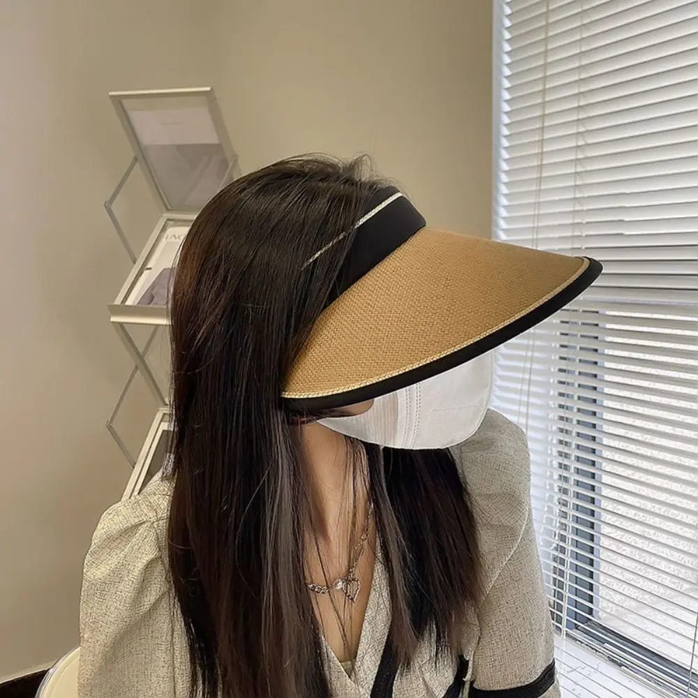Empty Top Portable Foldable Wide Large Brim Visors Casual Straw Cap Beach Hat Sun Hats Sunshade
