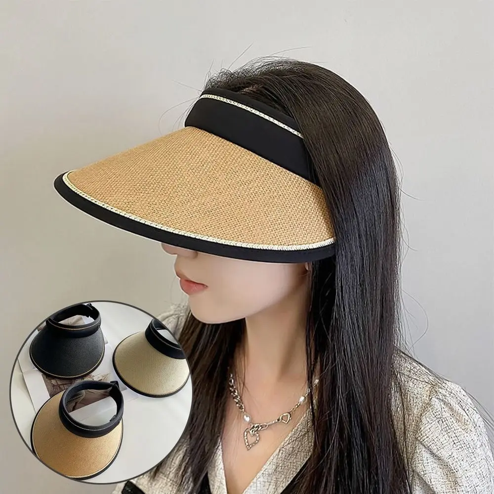 Empty Top Portable Foldable Wide Large Brim Visors Casual Straw Cap Beach Hat Sun Hats Sunshade