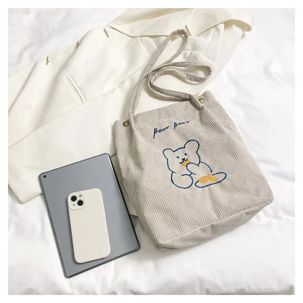 Women Corduroy Shoulder Bag High-capacity Bear Ladies Casual Handbag Tote Bag Reusable Large Capacity Cotton Shopping Beach Bags