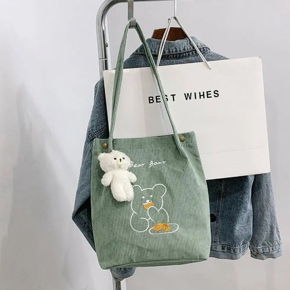 Women Corduroy Shoulder Bag High-capacity Bear Ladies Casual Handbag Tote Bag Reusable Large Capacity Cotton Shopping Beach Bags