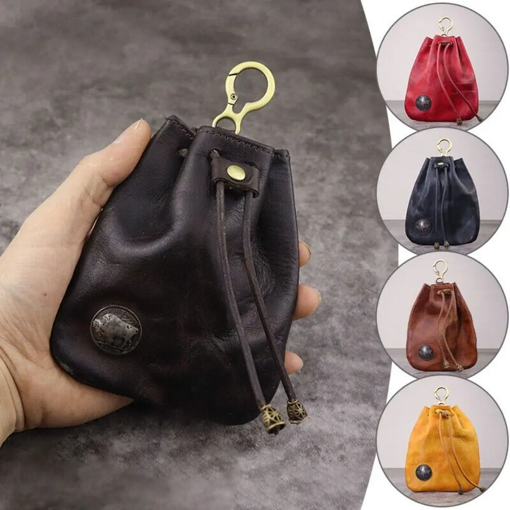 Retro Genuine Leather Coin Purse Pouch Drawstring Wallets Car Key Bag Simple Hanging Bag