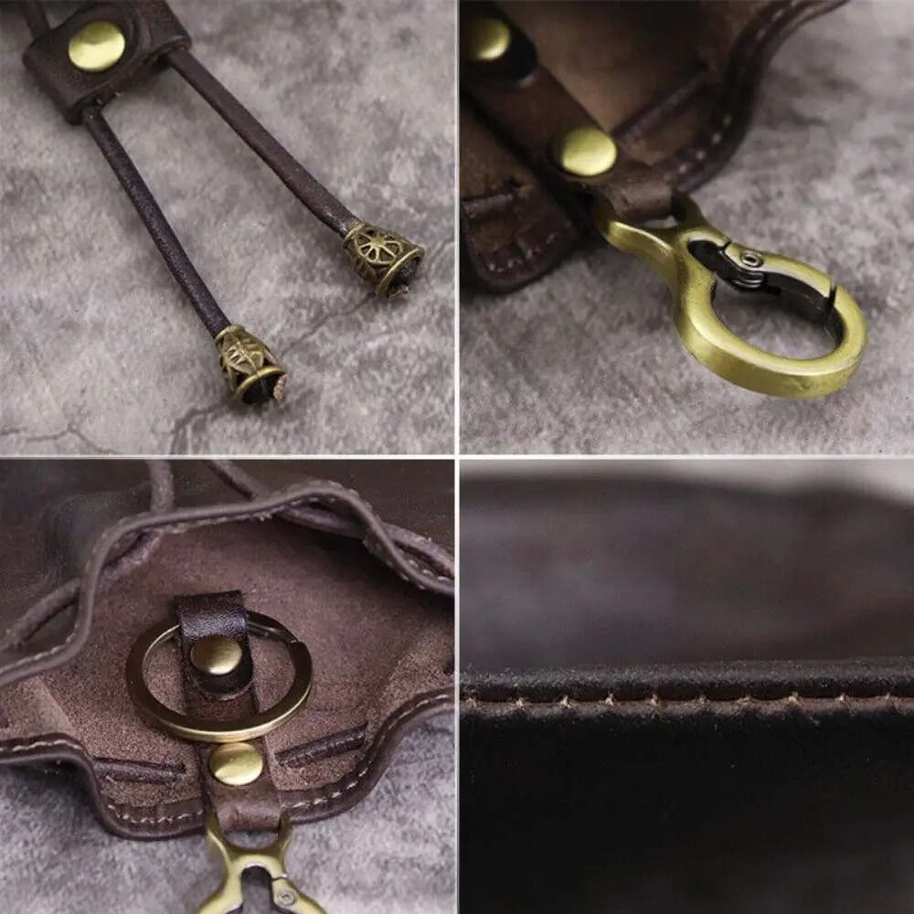 Retro Genuine Leather Coin Purse Pouch Drawstring Wallets Car Key Bag Simple Hanging Bag