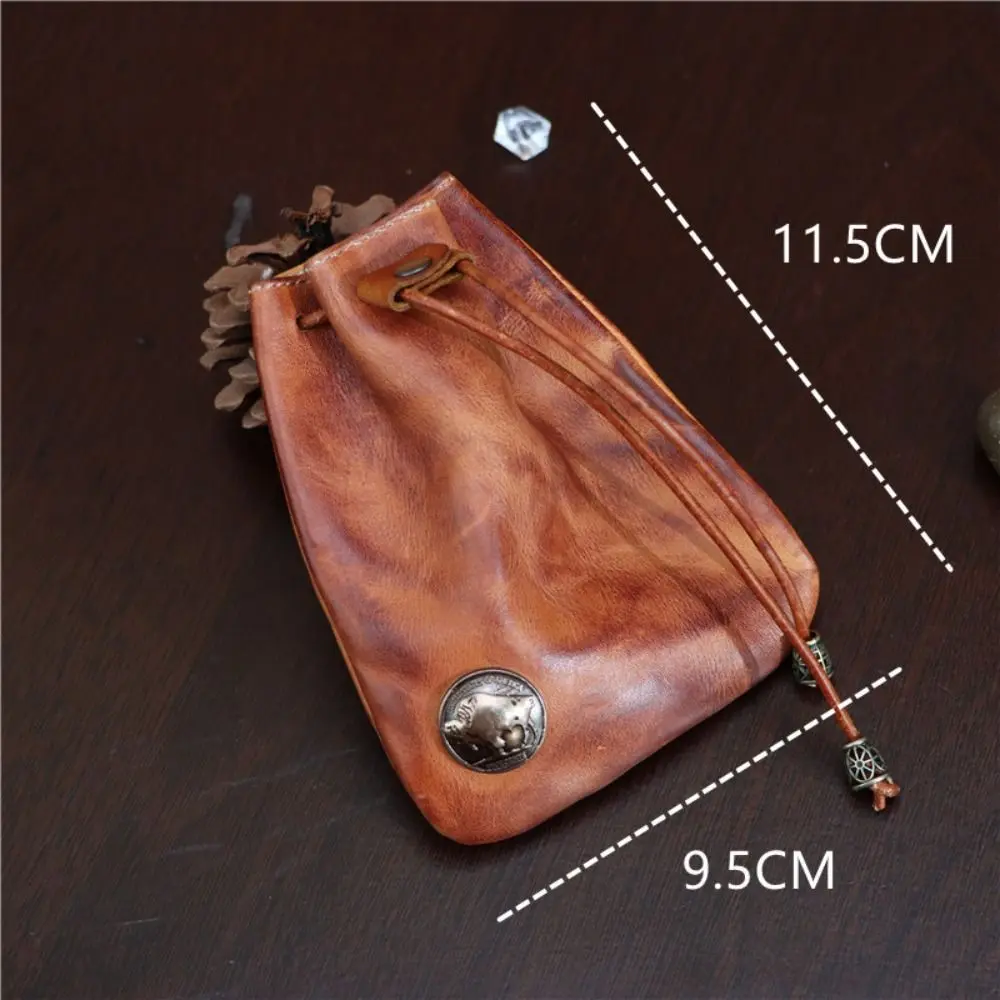 Retro Genuine Leather Coin Purse Pouch Drawstring Wallets Car Key Bag Simple Hanging Bag